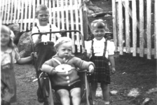 319: l-r Anne Marie, Leo and Rose Marie Barry, and Len Ryan in the stroller, in front of  their grandparents Ryan's house. (circa 1948) [courtesy of Elizabeth (Barry) Ryan]  - Anne Marie, Leo and Rose Marie children of Leo Barry &amp;amp; Elizabeth Ryan; Len son of Francis Ryan &amp;amp; Elizabeth Barry